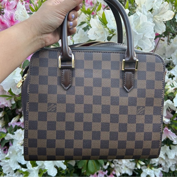 Brown Checkered Fancy Square Purse Red Interior - Picture 3 of 11